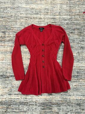Red Cable-Knit Button-Front Cardigan Sweater